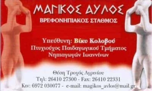 ΚΟΛΟΒΟΥ ΒΑΣΙΛΙΚΗ – ΜΑΓΙΚΟΣ ΑΥΛΟΣ ΒΡΕΦΟΝΗΠΙΑΚΟΣ ΣΤΑΘΜΟΣ – ΝΗΠΙΑΓΩΓΕΙΟ – ΑΓΡΙΝΙΟ ΑΙΤΩΛΟΑΚΑΡΝΑΝΙΑΣ